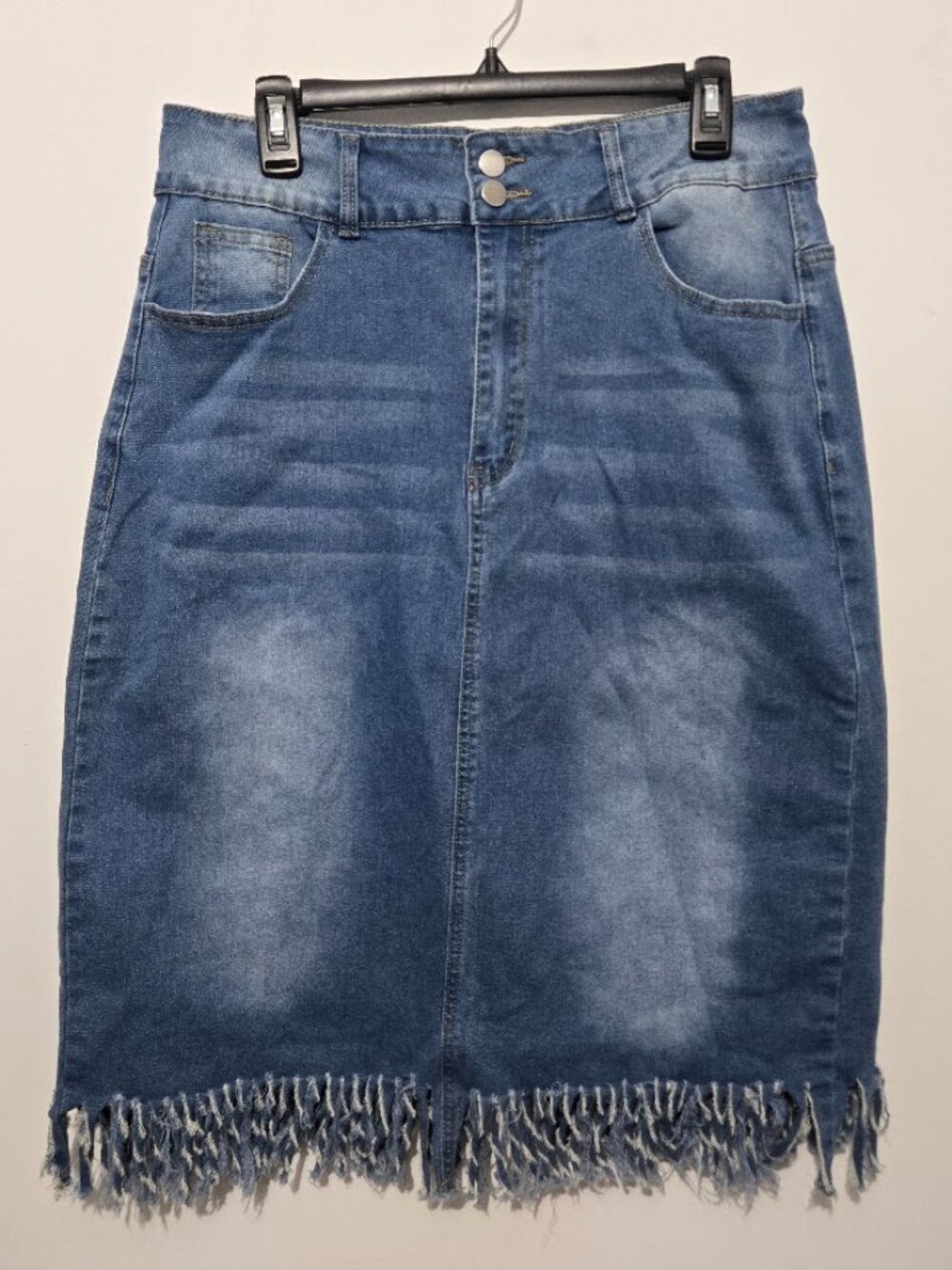 Womens Blue Denim Knee Length Fringe Boho Skirt Sz 1XL Country Western Stretch
